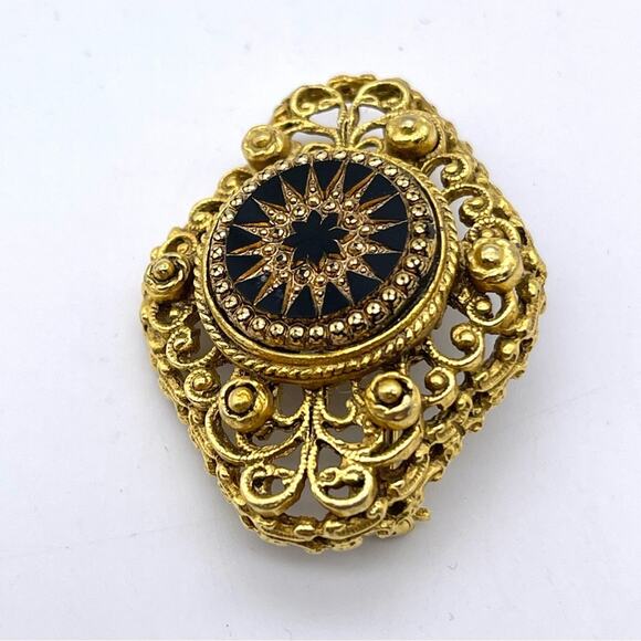 Vintage Ornate Gold-Tone Filigree Brooch Pin Black Starburst Florenza-Style - Picture 5 of 10